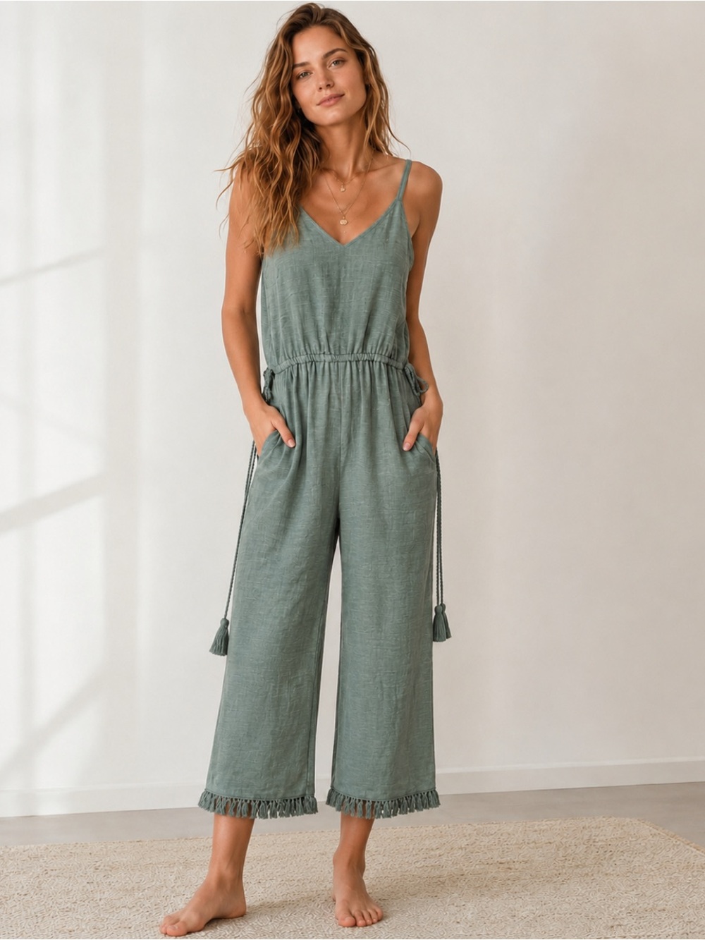 Anthropologie Moon River V-neck Sage Wide-Leg Boho Jumpsuit Soft Linen